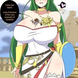 1boy 1girls between_breasts big_breasts blush breasts clothed cute female giantess goddess green_hair heart herretik hips huge_breasts kid_icarus macro_female micro_in_cleavage micro_male micro_on_macro milf nintendo older_woman_and_younger_boy palutena person_between_breasts pit_(kid_icarus) size_difference smaller_male smile solo_focus text thick_thighs wholesome