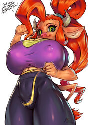 anthro bovine cow_ears cow_girl cow_horns erect_nipples green_eyes huge_breasts leggings long_hair looking_at_viewer pink_nose ponytail pussy_floss red_hair tail tail_tuft thefuckingdevil thick_thighs white_background