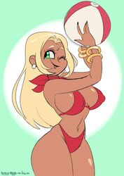 1girls beach_ball bikini blonde_hair bracelet bracelets dark-skinned_female dark_skin earrings female gray-eggs-n-ham green_eyes long_hair nintendo npc_trainer one_eye_closed pokemon pokemon_xy swimmer_(pokemon) swimmer_(pokemon_xy) thick_thighs thighs