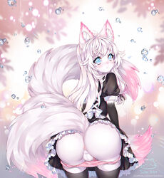 2020 anthro anus ass backsack balls black_thigh_highs blue_eyes blush clothed clothing clothing_lift digital_media_(artwork) domestic_cat dress dress_lift felid feline felis fur genitals girly hair highlights_(coloring) inner_ear_fluff legwear looking_at_viewer looking_back maid_uniform male mammal open_mouth panties panties_down pattern_background penis pink_clothing pink_highlights pink_panties pink_underwear portrait presenting presenting_anus presenting_hindquarters raindrops rear_view signature simple_background solo standing tekahika text thigh_highs three-quarter_portrait tuft underwear uniform url white_body white_fur white_hair yuritehcat