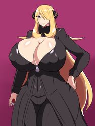 1girls alternate_breast_size ayamahi big_breasts blonde blonde_female blonde_hair breasts breasts_bigger_than_head cleavage clothed clothed_female cynthia_(pokemon) female female_only gigantic_breasts grey_eyes hair_ornament holding_object huge_breasts huge_thighs human human_only large_breasts long_hair nintendo nipple_slip pale-skinned_female pale_skin pokémon pokeball pokemon pokemon_champion pokemon_dppt purple_background solo solo_female thick_thighs voluptuous wide_hips