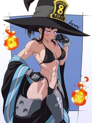 1girls abs armor baron_(artist) belly_button big_breasts bikini bikini_bottom bikini_top black_bikini black_hair blush disrobing embarrassed enen_no_shouboutai fire_force front_view full_color gloves hat hips long_hair muscular muscular_female navel oze_maki pink_eyes revealing_clothes robe side_view six_pack strap_gap thong two_piece_swimsuit varon666 white_background witch_hat