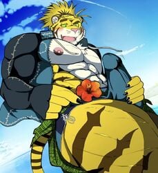 abs anthro bearlovestiger13 biped blush bodily_fluids bulge bulge_fondling bulge_grab claws clothing erection exhibitionism felid flower fur hair macan_(tokyo_afterschool_summoners) magan male male_only mammal muscular muscular_anthro muscular_male nipples open_mouth pantherine pecs plant public sea smile solo striped_body striped_fur stripes sweat tiger tokyo_afterschool_summoners tongue video_games water