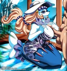 absurd_res anthro artofthediscipline big_breasts breasts clothing fancy_clothing female hat headgear headwear hi_res human lips male mammal marine nintendo paizuri pearl_necklace pokémon_(species) pokemon primarina sex straight titjob video_games