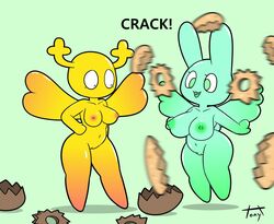 :3 animal_crossing animate_inanimate anthro antlers areola big_breasts breasts cartoon_network clothing coco_(animal_crossing) dialogue dress duo eyelashes fairy female genitals gyroid hand_on_hip horn lagomorph leporid mammal navel nintendo nipples open_mouth open_smile penny_fitzgerald pussy rabbit signature simple_background smile sound_effects speech_bubble surprise the_amazing_world_of_gumball thick_thighs tonytoran video_games wide_hips wings yellow_body