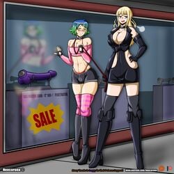 1boy 1girls blonde_hair blue_hair bulge collar crossdressing dildo dominatrix drooling female femdom girly gloves green_hair heel_boots knee_boots large_breasts leash leather leather_clothing leggy_(legarch) long_gloves long_hair male malesub neocorona sex_toy short_hair sissy striped_legwear tagme thighhighs two_tone_hair