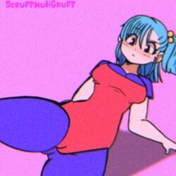 1girls aerobics animated bulma_briefs cameltoe cleavage dragon_ball dragon_ball_(classic) exercise female female_only legwear leotard scruffmuhgruff shounen_jump solo spread_legs teenager