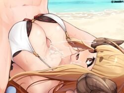 1boy absurdres anila_(granblue_fantasy) bangs bikini bikini_top blonde_hair breasts cum draph ejaculation eyebrows_visible_through_hair facial female granblue_fantasy highres horns joosi large_breasts layered_bikini long_hair open_mouth paizuri paizuri_under_clothes penis projectile_cum solo_focus straddling straight swimsuit uncensored