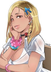 1girls black_choker blonde_hair bracelet braid breasts brown_eyes butcha-u chin_rest choker cleavage ear_piercing earrings eyelashes female female_only fingernails gyaru hair_ornament hairpin jewelry kogal large_breasts lips lipstick long_fingernails long_hair looking_at_viewer makeup mole mole_on_breast mole_under_mouth nail_polish original original_character parted_lips piercing scrunchie shirt short_sleeves side_braid sitting smile solo upper_body white_background