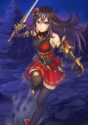 angry astrid_von_draclow_(evertale) black_hair blue_eyes breasts clothed evertale female female_focus female_only hair hair_ornament outside skirt solo solo_female solo_focus sword video_games