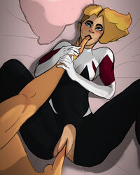 anondrawingporn asymmetrical_hair blonde_hair blue_eyes bodysuit gwen_stacy gwen_stacy_(spider-verse) holding_hands marvel missionary_position on_bed pillow spider-gwen spider-man_(series) sucking_thumb