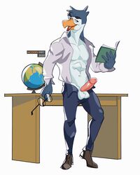 anthro avian beak bird desk erection furniture genitals globe hi_res holding_object humanoid_genitalia humanoid_penis looking_at_viewer male male_only modern_bird penguin penis pink_penis solo solo_focus teacher unbuttoned unzipped