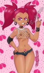 1girls angry areolae bracelet bracelets breasts brown-skinned_female brown_skin cartoon_network casual casual_exposure choker cigarette dark-skinned_female dark_skin earrings female flipping_off frown hourglass_figure human human_spinel humanized laqueeffa latina magenta_hair navel navel_piercing nipple_piercing nipples painted_nails piercings pink_eyes pubic_stubble pubic_tattoo pussy_stubble see-through see-through_clothing shorts small_breasts solo spinel_(steven_universe) steven_universe tagme tattoo thighs twintails wide_hips