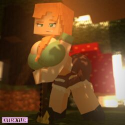 alex_(minecraft) big_ass big_breasts cute cuteskyler forest forest_background green_eyes green_top green_topwear hourglass hourglass_figure minecraft orange_hair ripped ripped_clothing skyler_quinn