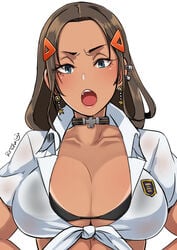 1girls angry big_breasts bikini bikini_tan bikini_top black_bikini blue_eyes breasts brown_hair butcha-u choker cleavage collarbone cross_choker ear_piercing earrings female female_only forehead front-tie_top gyaru hair_ornament hairclip hands_on_hips highres jewelry kogal kuro_gyaru large_breasts lips long_hair looking_at_viewer midriff open_mouth original original_character piercing school_uniform simple_background solo swimsuit swimsuit_under_clothes tan tanline underboob upper_body white_background