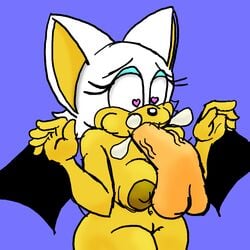 1boy 1girls anthro big_nipples coloured cum_in_mouth disembodied_penis heart-shaped_pupils looking_at_penis penis rouge_the_bat simple_background sir_cums_a_lot sonic_(series) surprised