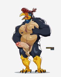 anthro avian balls bara big_balls big_penis bird blue_nipples body_hair bucerotiform dad_bod dadbod facial_hair genitals hand_sign hi_res hornbill humanoid_genitalia humanoid_penis male male_only man_bun modern_bird nipples penis slightly_chubby solo solo_focus talons uncut