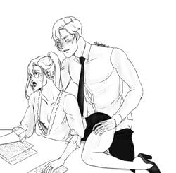 2boys androgynous blouse blush blush couple crossdressing demonbab_y desk femboy fully_clothed gay glasses hair_over_one_eye happi(demonbab_y) high_heels joka_kobayashi(demonbab_y) lovers male_only sex skirt yaoi