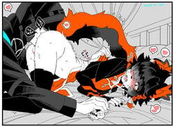 2021 5_fingers aak_(arknights) anal anilingus anthro arknights ass ass_eating ass_sucking balls bed bedroom bedroom_sex black_body black_hair blush bodily_fluids clothing doctor_(arknights) duo felid fingers fur furry futashi gay genitals hair hand_holding heart human human_on_anthro hypergryph implied_anilingus interspecies looking_at_partner looking_back looking_pleasured lying_on_bed male male/male mammal multicolored_body multicolored_fur open_mouth oral orange_body rimming sex shaking short_hair speech_bubble studio_montagne sweat twink video_games white_body white_fur yaoi