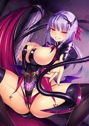 aisei_tenshi_love_mary blush breasts demon_tail looking_at_viewer purple_eyes purple_hair satou_kuuki spread_legs succubus succubus_costume succubus_mary_lapiz succubus_tattoo yudzuki_mahiro