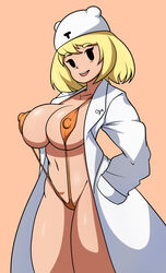 adventure_time big_breasts bikini blonde_hair cameltoe clothed clothing hat human labcoat looking_at_viewer milf minerva_campbell mob_face open_mouth skimpy sling_bikini thick_thighs wide_hips zzvinniezz