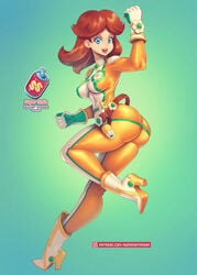 1girls arm_up ass bimbo blue_background bodysuit breasts cleavage clothing female female_only full_body fully_clothed gloves gold_heels high_heels looking_at_viewer mario_(series) nintendo princess_daisy simple_background solo standing standing_on_one_leg super_soda supersatanson tagme