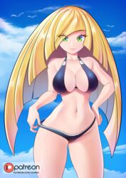 achromaru background belly belly_button big_breasts bikini bikini_bottom bikini_top black_bikini blonde_hair eyelashes green_eyes hands_on_hips human large_breasts long_hair lusamine_(pokemon) milf navel nintendo pokemon pokemon_sm skimpy skimpy_bikini sky swimsuit thick_thighs wide_hips