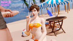 1boy 1boy1girl 1girls 3d beach beach_ball beach_chair beach_umbrella belly belly_button big_penis blizzard_entertainment brown_eyes brown_hair cum cum_in_mouth cum_on_face cum_on_upper_body cumshot deesee3d dripping_cum facial female huge_cock lifeguard lifeguard_tracer male overwatch peace_sign small_breasts smaller_female straight swimsuit tongue tongue_out tracer