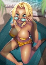 beach big_breasts bikini blonde_hair final_fantasy final_fantasy_xiv highlander hyur moulinbrush samaeliza sunglasses_on_head