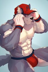 1boy abs bara blue_eyes blue_hair bulge canine cap clothes furry furry_only glasses grin hi_res looking_at_viewer male_only muscles muscular_male pecs piercings red_cap red_underwear rsotart sitting sitting_on_floor smiling solo tagme underwear wolf yaoi yiff