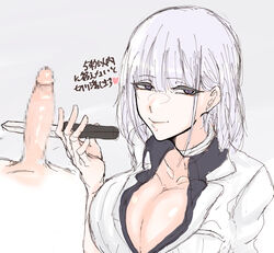 1boy bangs black_shirt breasts cleavage collared_shirt erection eyebrows_visible_through_hair female femdom formal girls'_frontline hair_between_eyes heart highres holding holding_knife knife knifeplay large_breasts looking_to_the_side malesub masso_nullbuilt open_clothes open_shirt penis pink_lips purple_eyes rpk-16_(girls'_frontline) shirt short_hair sidelocks silver_hair smile suit translated white_background white_suit