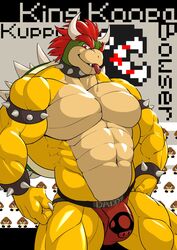 1boy abs bowser bulge bwcat character_name jockstrap male male_only mario_(series) nintendo pecs red_hair solo spiked_armlet spiked_collar spiked_shell standing super_mario_bros. super_mario_bros._(nes) text video_games