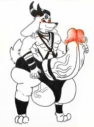 absurd_res anthro ass balls big_balls big_butt big_penis bovid caprine clothing dahliathefox demon genitals goat hi_res huge_balls huge_butt huge_cock hyper hyper_balls hyper_butt hyper_genitalia hyper_penis male male_only mammal penis pentalyos rubber rubber_suit solo vein veiny_balls veiny_penis