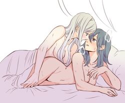 2girls after_sex arm_support bed_sheet blue_hair breasts byleth_(fire_emblem) byleth_(fire_emblem)_(female) cleavage convenient_censoring edelgard_von_hresvelg female female_only fire_emblem fire_emblem:_three_houses grey_eyes large_breasts lavender_eyes long_hair medium_hair multiple_girls navel nintendo nude on_bed pillow riromomo sweat white_hair yuri