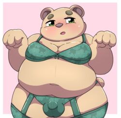 2020 absurd_res anthro belly blush brown_body brown_fur bulge clothed clothing crossdressing fur green_eyes hi_res humanoid_hands inigo_(kusosensei) kemono kusosensei male male_only mammal overweight overweight_anthro overweight_male simple_background solo underwear ursid