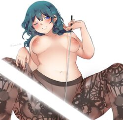 1girls bad_censor blue_eyes blush byleth_(fire_emblem) byleth_(fire_emblem)_(female) censored covering female fire_emblem fire_emblem:_three_houses grin kyo-usa kyousa38 large_breasts leggings looking_at_viewer nintendo nipples one_eye_closed pantyhose pointer smile solo spread_legs teacher teal_hair topless wink