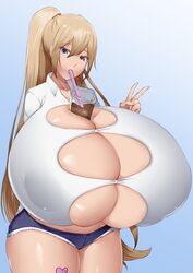 1girls alissa_(boobydoody64) big_breasts blonde_hair bluespice breast_squeeze bubble_tea bubble_tea_challenge chounyuu drinking gigantic_breasts huge_breasts light-skinned_female light_skin long_hair meme nipples_visible_through_clothing original peace_sign short_jeans solo solo_female tattoo thick_thighs