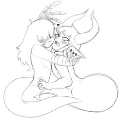 2020 2boys blush capcom cute demon_boy demon_horns duo ear_piercing femboy hair_over_eyes hugging julian_(profesuhslab) kulu_ya_ku monster_hunter original_character profesuhslab safe sketch tail