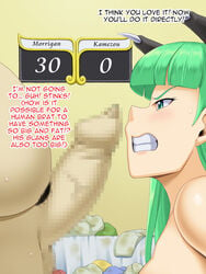 1boy 1boy1girl 1girls big_penis censored darkstalkers disgusted_look english english_text erection female foreskin kawanuma_uotsuri light-skinned_male male morrigan_aensland pubic_hair text uncircumcised uncut