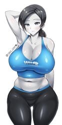 1girls big_breasts black_hair female female_only fully_clothed grey_eyes grey_skin huge_breasts large_breasts leggings nintendo ponytail sole_gem solo thick_thighs thighs white_background wide_hips wii_fit wii_fit_trainer yoga_pants