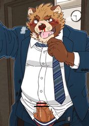 2020 anthro belly blood blush bodily_fluids brown_body brown_fur canid canine clothing erection fur genital_fluids genitals hi_res kemono male male_only mammal necktie nosebleed overweight overweight_anthro overweight_male penis precum raccoon_dog ryuta-h shirt solo tanuki topwear underwear undressing