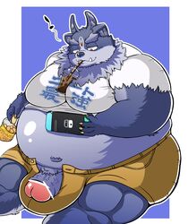 2020 anthro belly beverage bottomwear bubble_tea bulge clothing fur furry genitals hi_res kemono male male_only nintendo nintendo_switch obese obese_anthro obese_male overweight overweight_anthro overweight_male penis shirt shorts sitting solo solo_male tdph2dubnoxxthu tokyo_afterschool_summoners topwear tsathoggua video_games