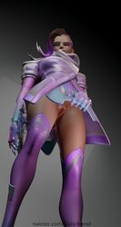 1girls 3d blender bottomless clothed clothes clothing eye_contact female female_only low-angle_view no_panties overwatch purple_clothing purple_hair pussy render skirt_lift skirt_pull solo solo_female sombra tulipblend upskirt vagina video_games