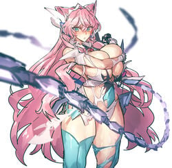 big_breasts blue_eyes blush cat_ears catgirl covering_breasts embarrassed_nude_female enf huge_breasts hugging_breasts long_hair looking_at_viewer maria_cadenzavna_eve melon22 muscular_thighs pink_hair ripped_clothing senki_zesshou_symphogear thighhighs weapon whip