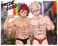 aknoxm black_briefs body_writing briefs briefs_only bulge couple eijirou_kirishima fit_male gay gay_couple katsuki_bakugou male_only middle_finger muscular muscular_male my_hero_academia open_mouth ownership pointy_teeth pride_color_flag pride_colors pride_flag red_briefs smile topless_male underwear