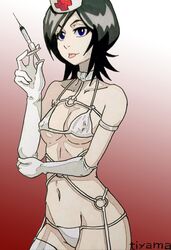 1girls black_hair bleach blue_eyes blush child_bearing_hips cosplay elbow_gloves gloves hair_between_eyes kuchiki_rukia latex_gloves lingerie nurse nurse_cap pale_skin petite scantily_clad short_hair small_breasts smile sticking_out_tongue syringe tiyama tongue tongue_out white_gloves