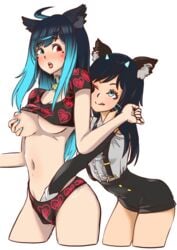 2girls animal_ears blue_hair blush catsy_vrc clothing dripping fingering grabbing_from_behind heterochromia horn multiple_girls neko vrchat yuri