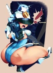 ! angry ass big_ass big_breasts clothed clothing female female_focus female_only female_protagonist footwear gun hand_print helmet kkrispy looking_at_viewer mighty_switch_force patricia_wagon simple_background siren solo solo_focus tagme uniform