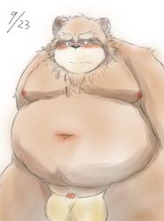 2012 anthro balls belly big_balls big_balls_small_penis blush brown_body brown_fur canid canine fur genitals ibuki_haruno kemono male male_only mammal moobs navel nipples overweight overweight_anthro overweight_male penis raccoon_dog simple_background small_penis solo tanuki white_background