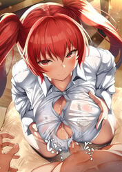 1boy bangs banned_artist belko blush borrowed_character bra bra_through_clothes bra_visible_through_clothes breast_squeeze breasts closed_mouth collared_shirt cum cum_on_body cum_on_breasts cum_on_upper_body dress_shirt female highres japanese_text kneeling large_breasts long_hair looking_at_viewer original original_character paizuri penis perpendicular_paizuri red_eyes red_hair seductive_look shirt smile straight sweat text white_shirt